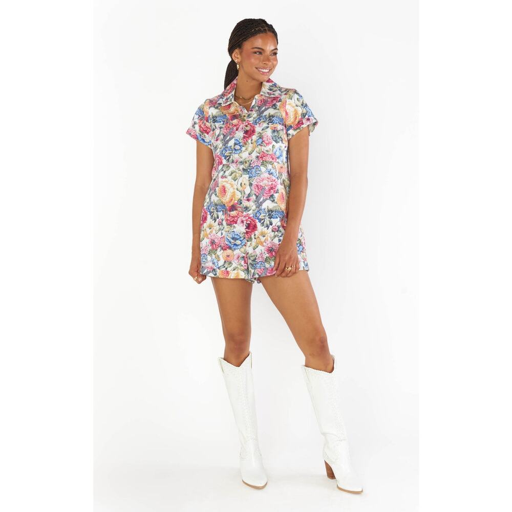 Show Me Your Mumu Outlaw Romper — Flower Market Floral Printed Denim, S